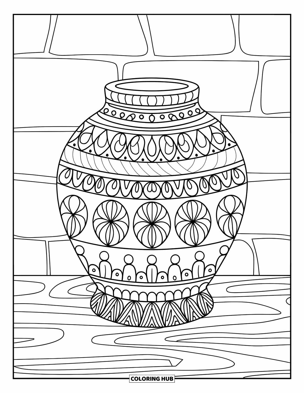 Disegno da colorare di un barattolo per adulti: Un barattolo di ispirazione mandala su legno si erge davanti a una texture di muro di pietra