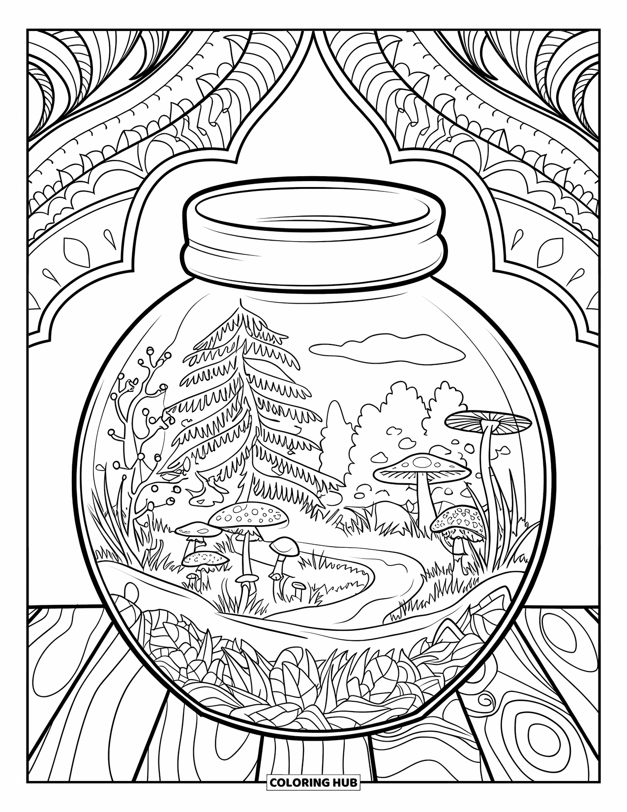 Disegno da colorare di un barattolo per adulti: Un barattolo terrario su legno mostra un paesaggio in miniatura di alberi, funghi e sentiero