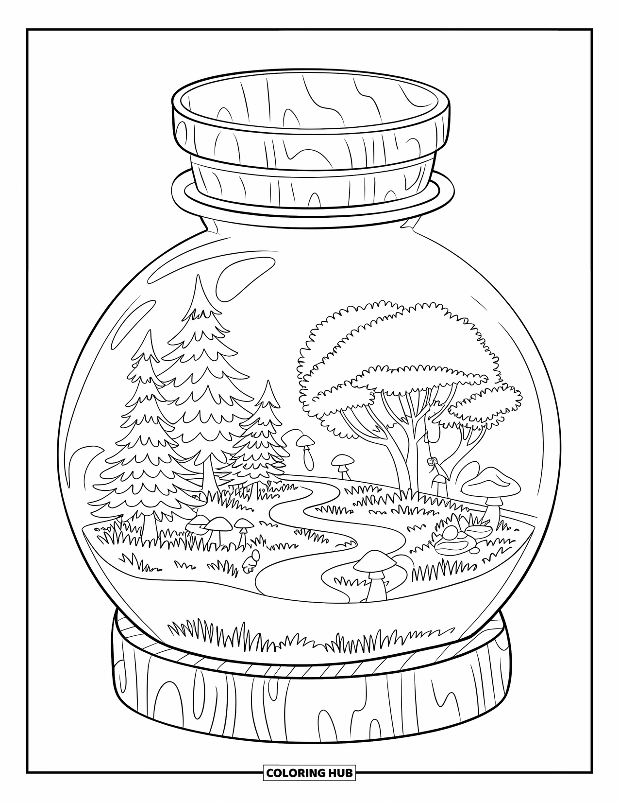 Disegno da colorare di un barattolo per adulti: Un barattolo terrario su legno mette in mostra un paesaggio in miniatura di alberi, funghi e sentiero
