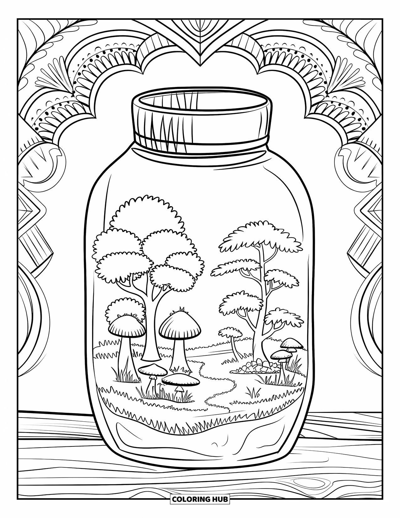 Disegno da colorare di un barattolo per adulti: Un barattolo terrario su legno mostra alberi in miniatura, funghi e un sentiero