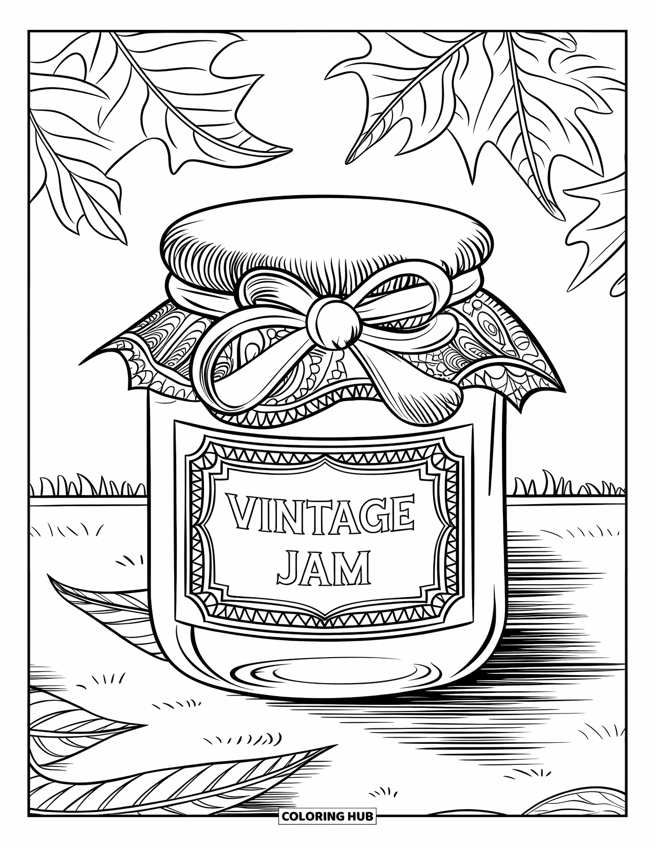 Disegno da colorare di un barattolo per adulti: Un barattolo di marmellata vintage con un coperchio a nastro ed etichetta è incorniciato da foglie