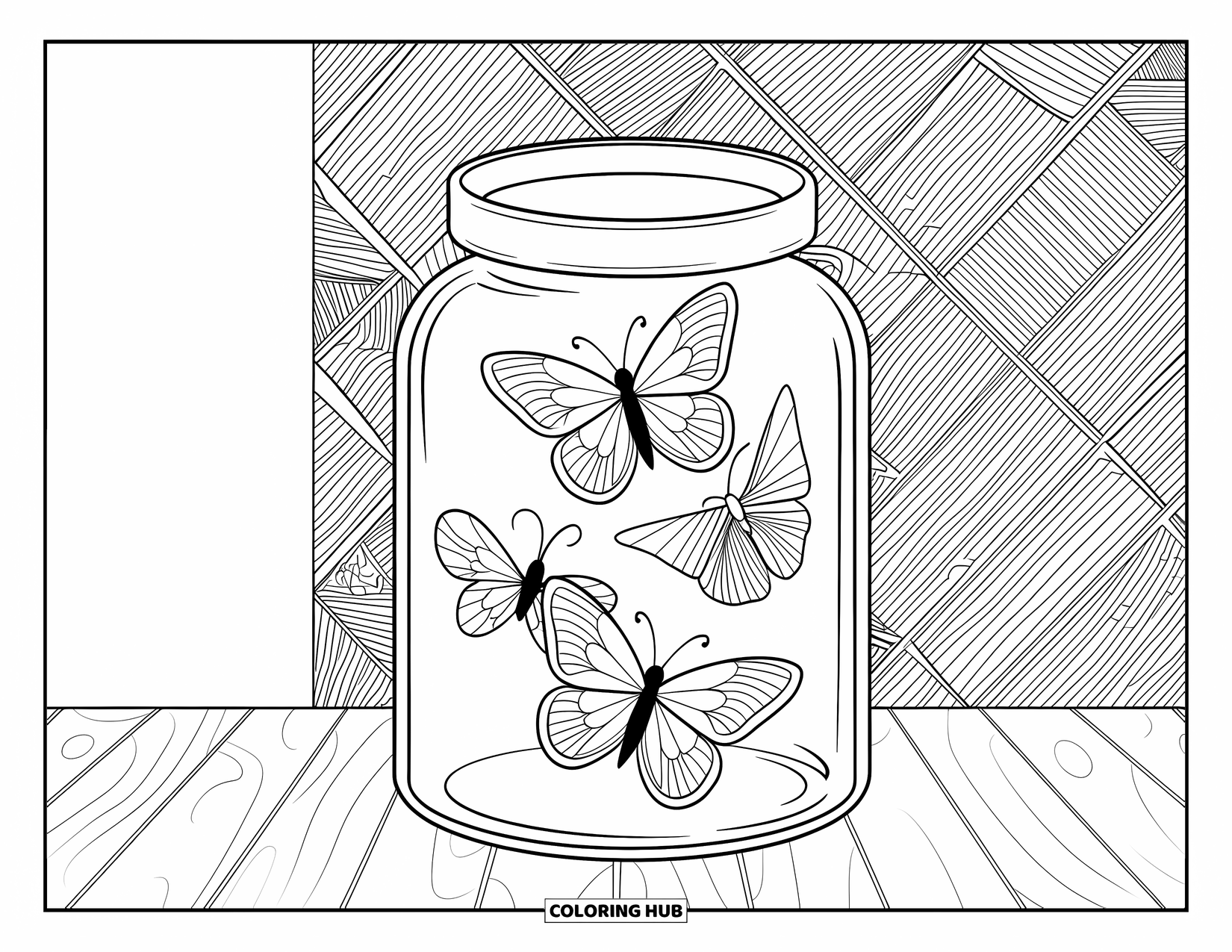 Disegno da colorare di un barattolo per adulti: Un barattolo artistico su legno contiene tre farfalle con motivi unici in mezzo a linee intersecanti