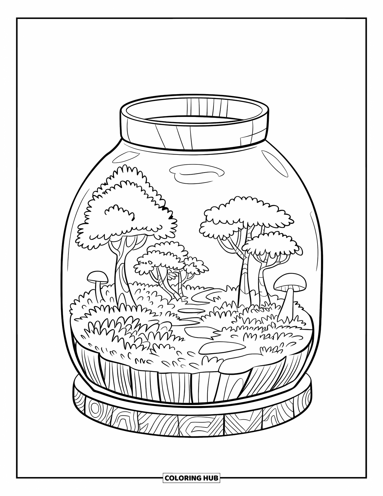 Disegno da colorare di un barattolo per adulti: Su una base di legno, un barattolo terrario rivela alberi in miniatura, funghi e un piccolo sentiero