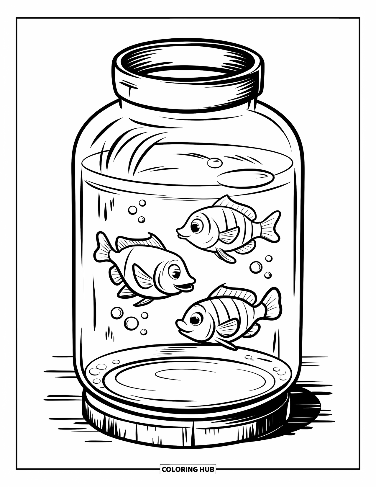 Disegno da colorare di un barattolo per bambini: Un grande barattolo di vetro su legno contiene tre pesci dei cartoni animati con bolle circostanti