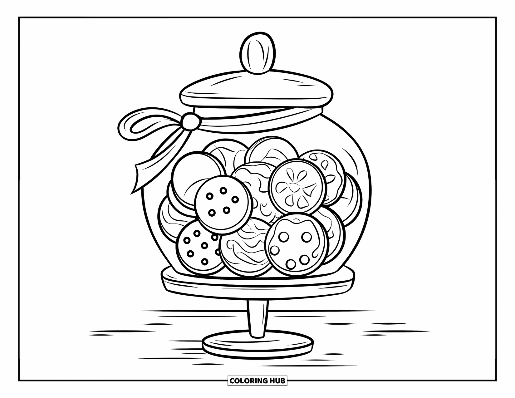 Disegno da colorare di un barattolo per bambini: Un barattolo di biscotti su un supporto di legno contiene biscotti che fanno capolino con un nastro