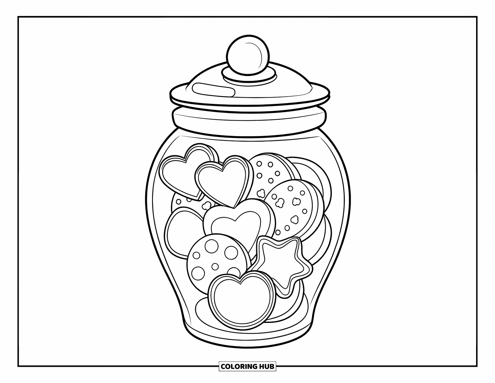 Disegno da colorare di un barattolo per bambini: Un barattolo di biscotti con coperchio mostra biscotti a forma di cuore, stella e cerchio che fanno capolino