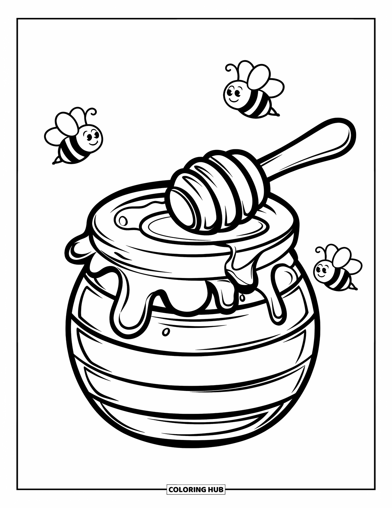 Disegno da colorare di un barattolo per bambini: Un barattolo di miele su un tavolo con un grande mestolo per il miele e tre api ronzanti