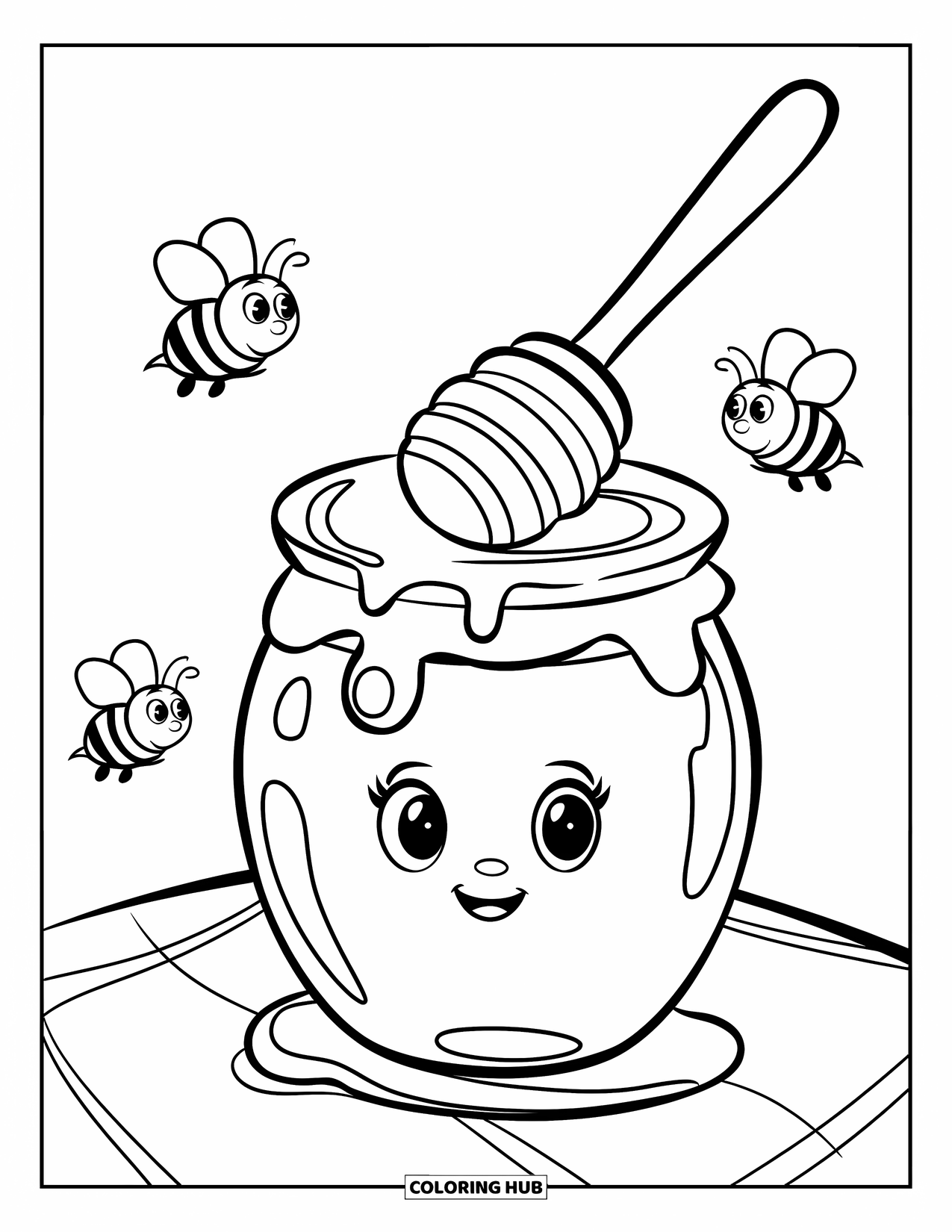 Disegno da colorare di un barattolo per bambini: Un barattolo di miele con un mestolo per il miele è seduto su un tavolo con tre api ronzanti