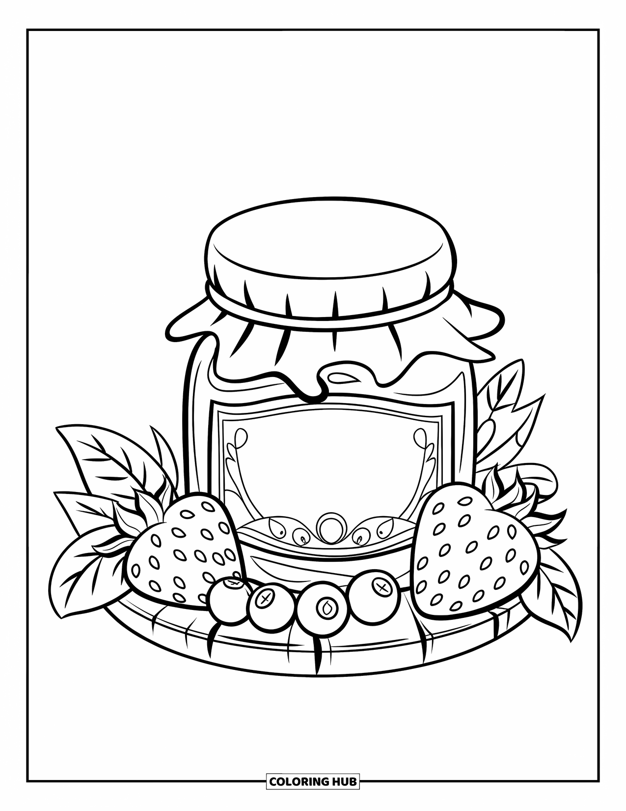 Disegno da colorare di un barattolo per bambini: Un barattolo di marmellata su una tavola di legno è circondato da fragole, mirtilli e foglie