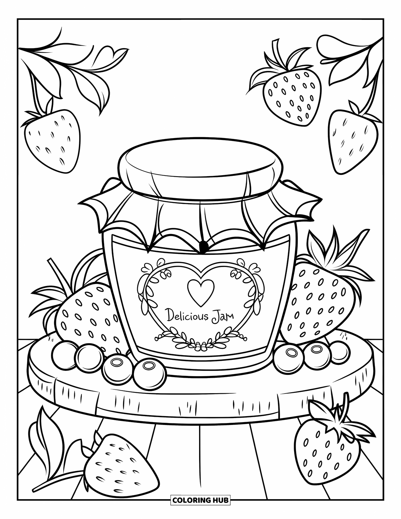 Disegno da colorare di un barattolo per bambini: Un barattolo di marmellata su legno pieno di marmellata rossa è affiancato da fragole e mirtilli