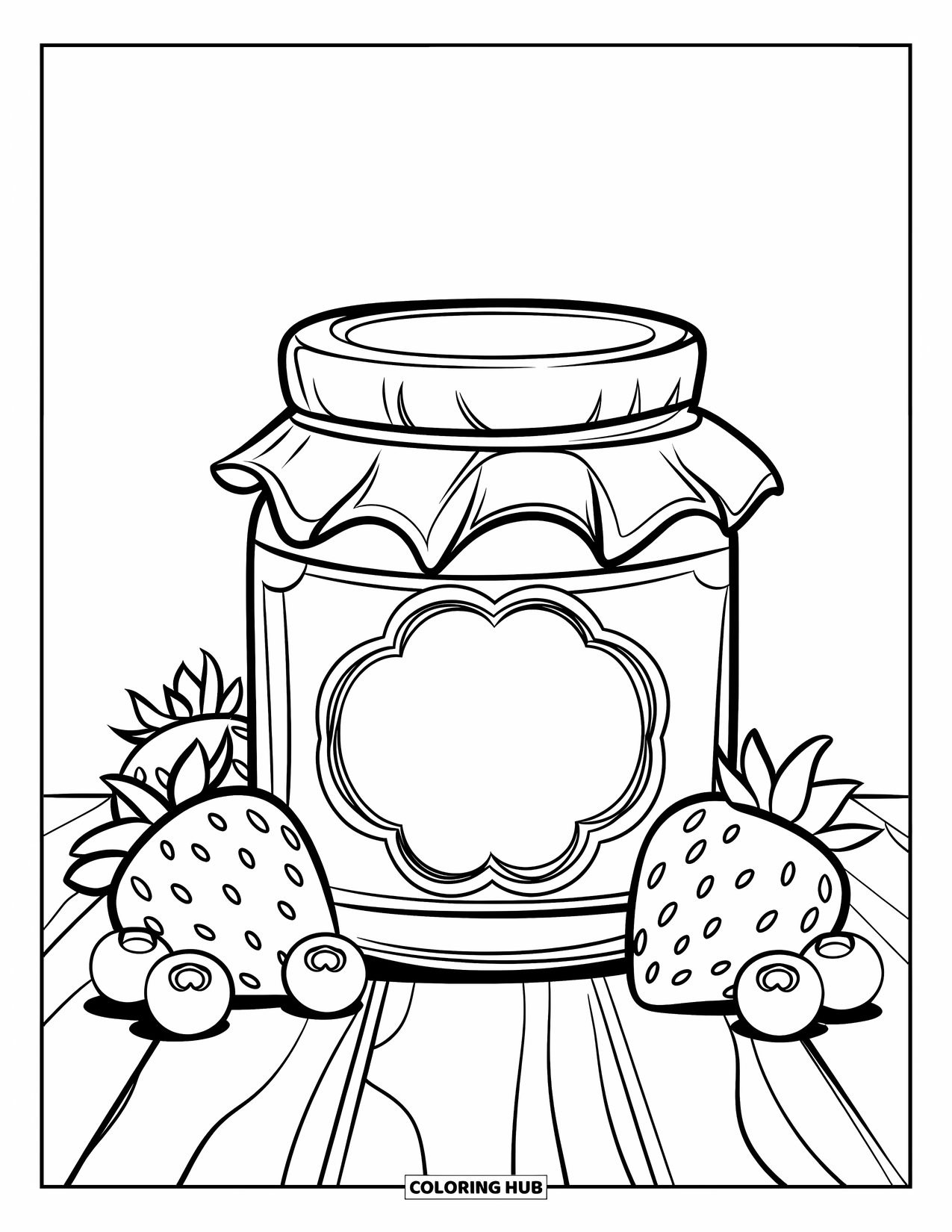Disegno da colorare di un barattolo per bambini: Un barattolo di marmellata con un'etichetta decorativa è seduto sul legno, affiancato da fragole e mirtilli