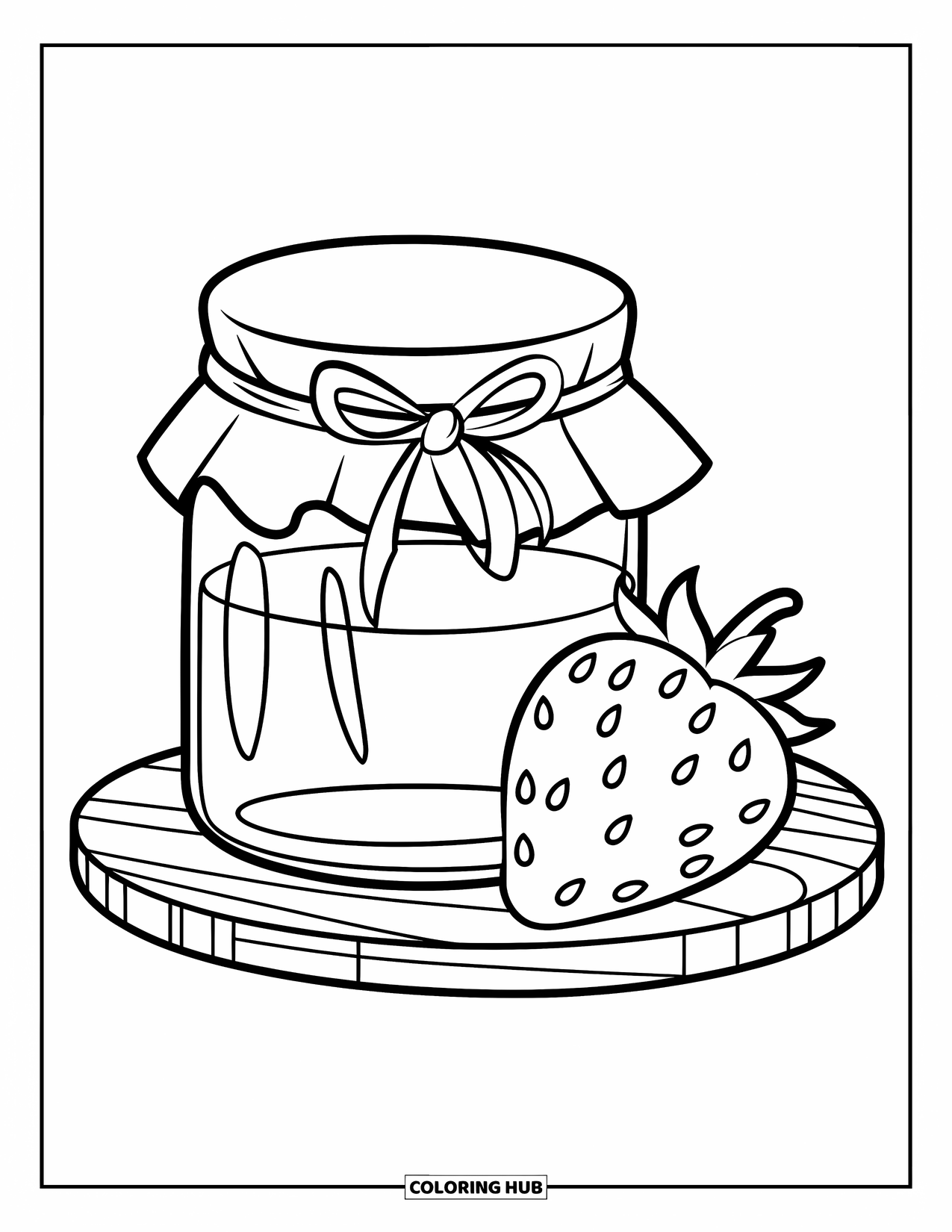 Disegno da colorare di un barattolo per bambini: Un barattolo di marmellata con un coperchio di stoffa e una fragola è seduto su una tavola di legno