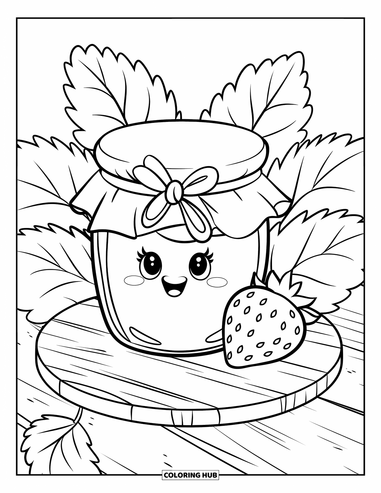 Disegno da colorare di un barattolo per bambini: Un barattolo di marmellata con un coperchio di stoffa è seduto su una tavola di legno accanto a una fragola
