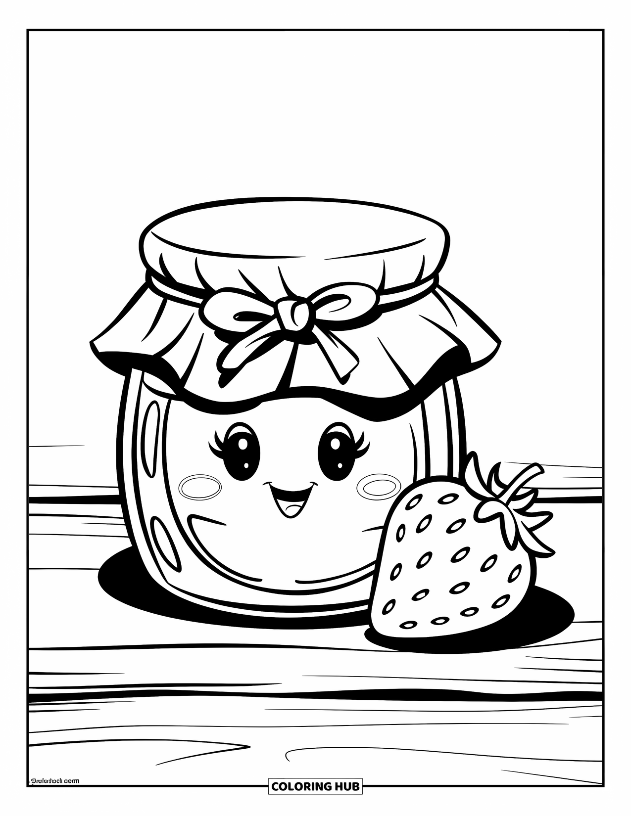 Disegno da colorare di un barattolo per bambini: Un barattolo di marmellata con un coperchio di stoffa è seduto sul legno, accompagnato da una fragola