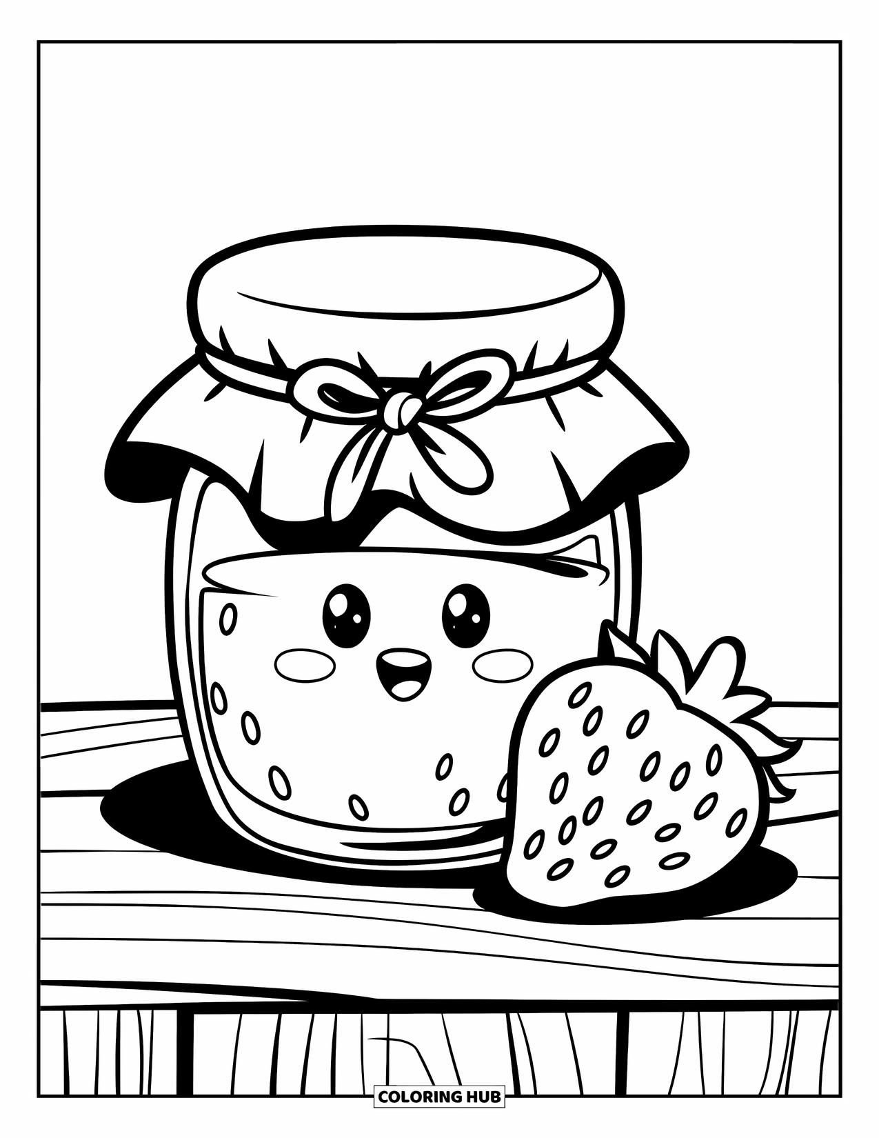 Disegno da colorare di un barattolo per bambini: Un barattolo di marmellata con un coperchio di stoffa è seduto sul legno, delineato insieme a una fragola
