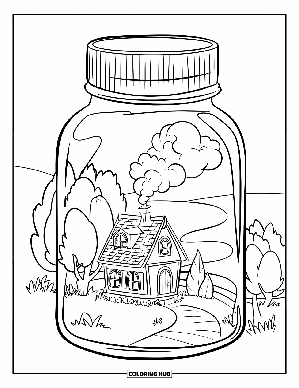 Disegno da colorare di un barattolo per bambini: Un barattolo racchiude una piccola casa con un camino, alberi e un sentiero da favola