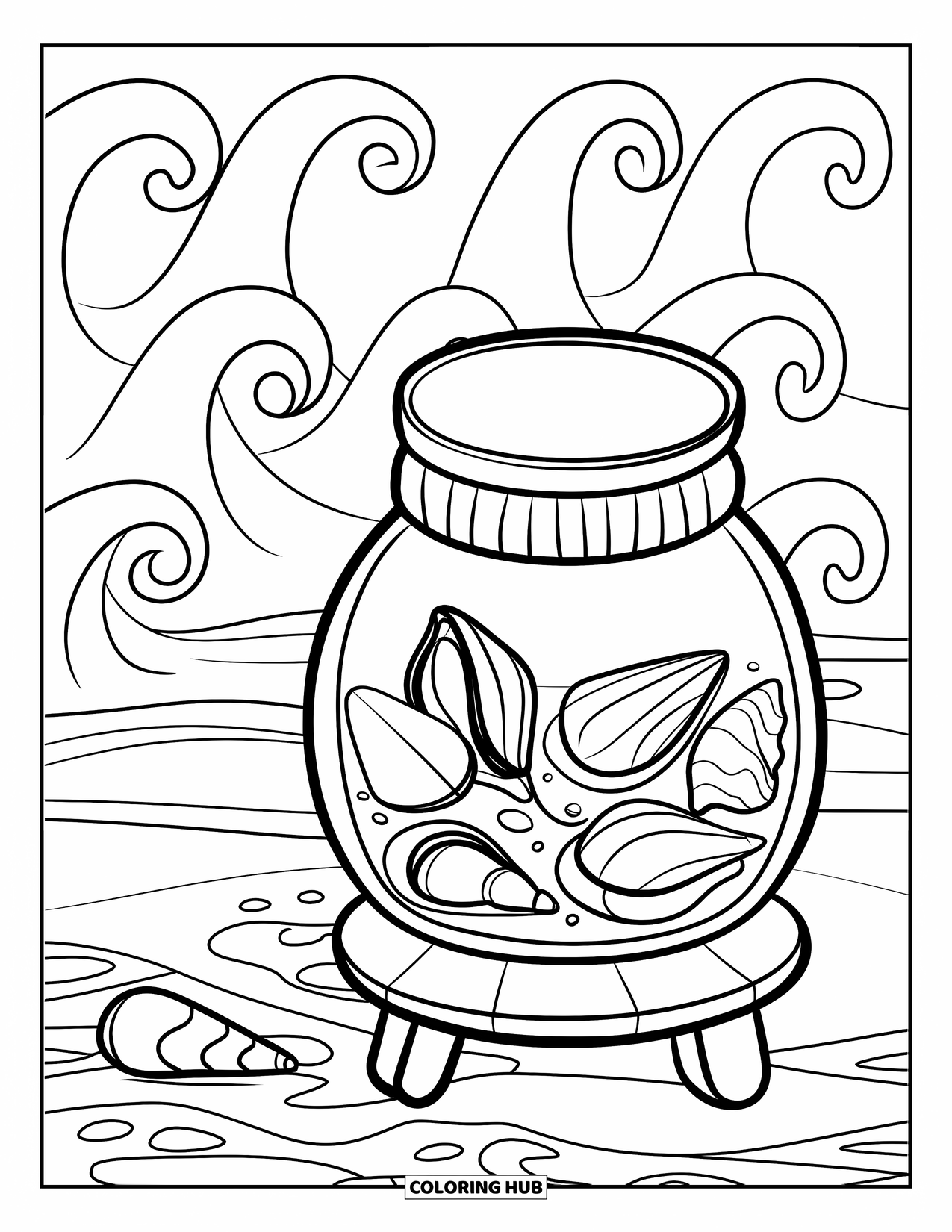 Disegno da colorare di un barattolo per bambini: Un barattolo pieno di conchiglie poggia su un supporto di legno tra le onde sullo sfondo