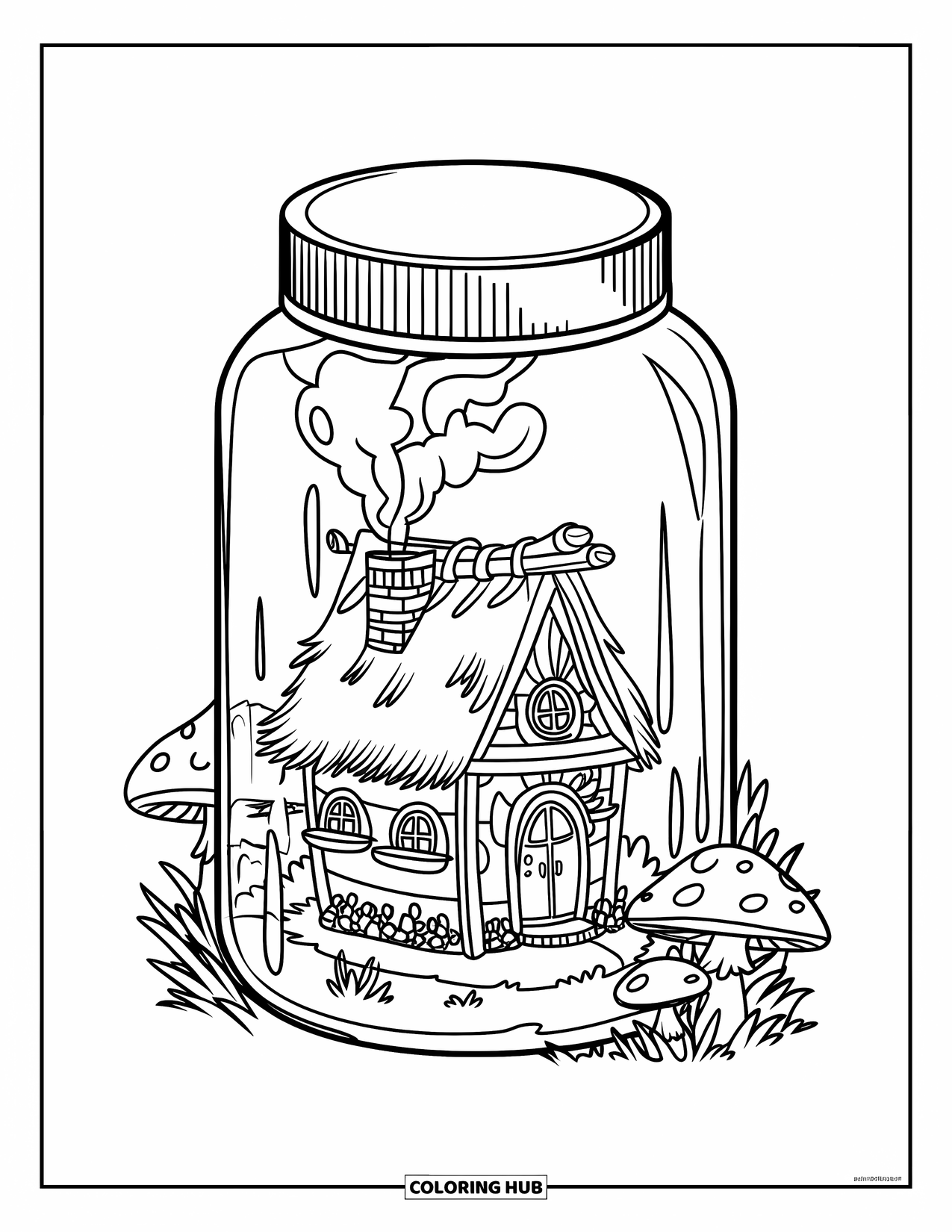 Disegno da colorare di un barattolo per bambini: Un barattolo contiene una piccola casa con un tetto di paglia, fumo del camino e vegetazione