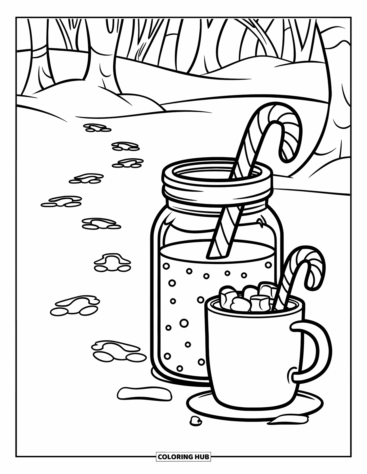 Disegno da colorare di un barattolo per bambini: Un barattolo di cacao con una caramella a forma di bastoncino e una tazza bianca poggiano su un terreno innevato