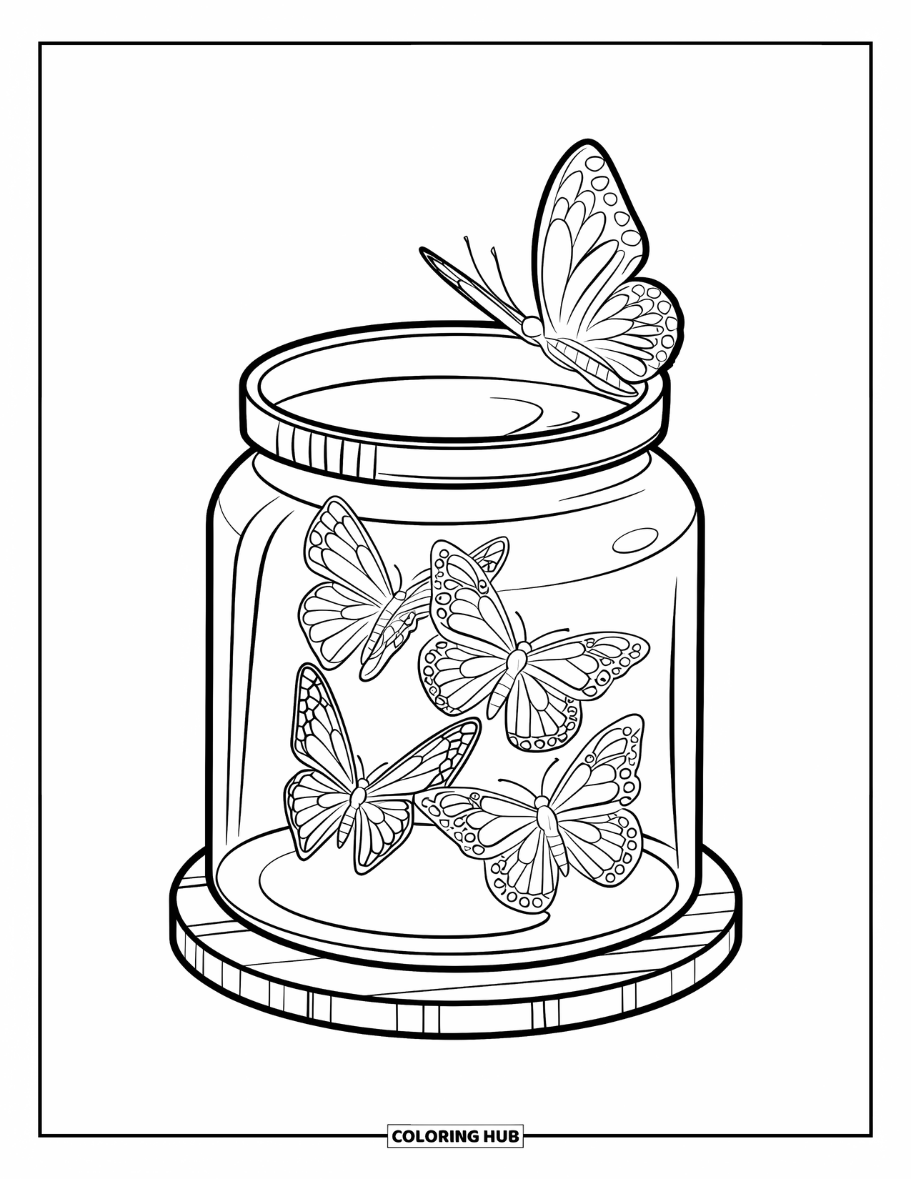 Disegno da colorare di un barattolo per bambini: Un barattolo su una base di legno racchiude tre farfalle, una in volo