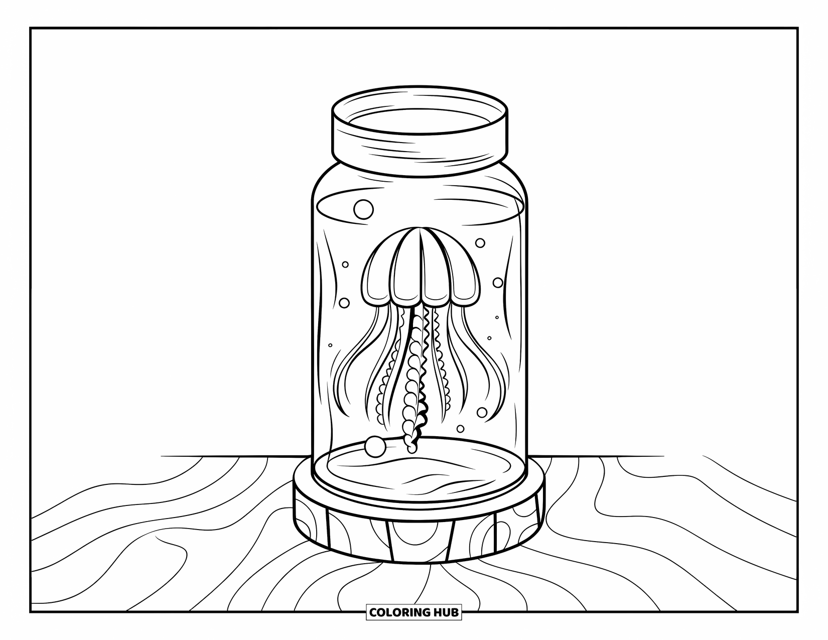 Disegno da colorare di un barattolo per bambini: Un barattolo su una base di legno contiene una medusa galleggiante con tentacoli fluenti