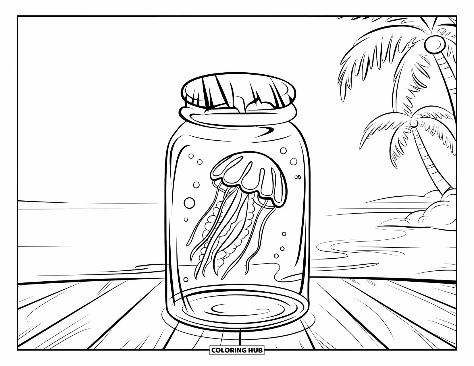 Disegno da colorare di un barattolo per bambini: Un barattolo su un tavolo di legno contiene una medusa galleggiante con tentacoli tra le palme