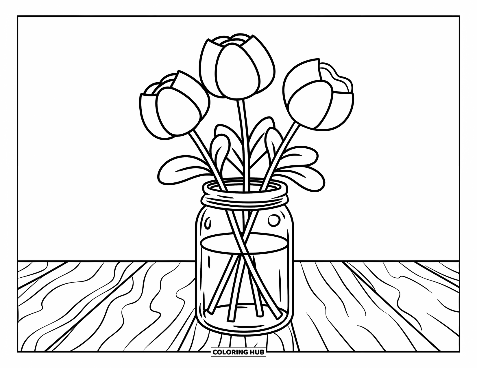 Disegno da colorare di un barattolo per bambini: Un barattolo su un tavolo di legno contiene fiori con tre grandi fiori e steli in grassetto