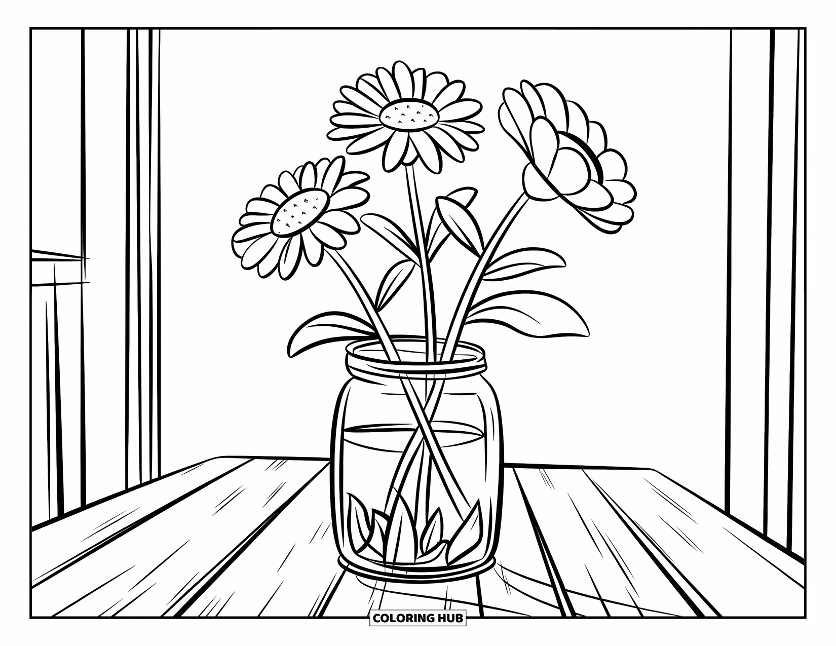 Disegno da colorare di un barattolo per bambini: Un barattolo su un tavolo di legno contiene tre grandi fiori con steli e foglie in grassetto