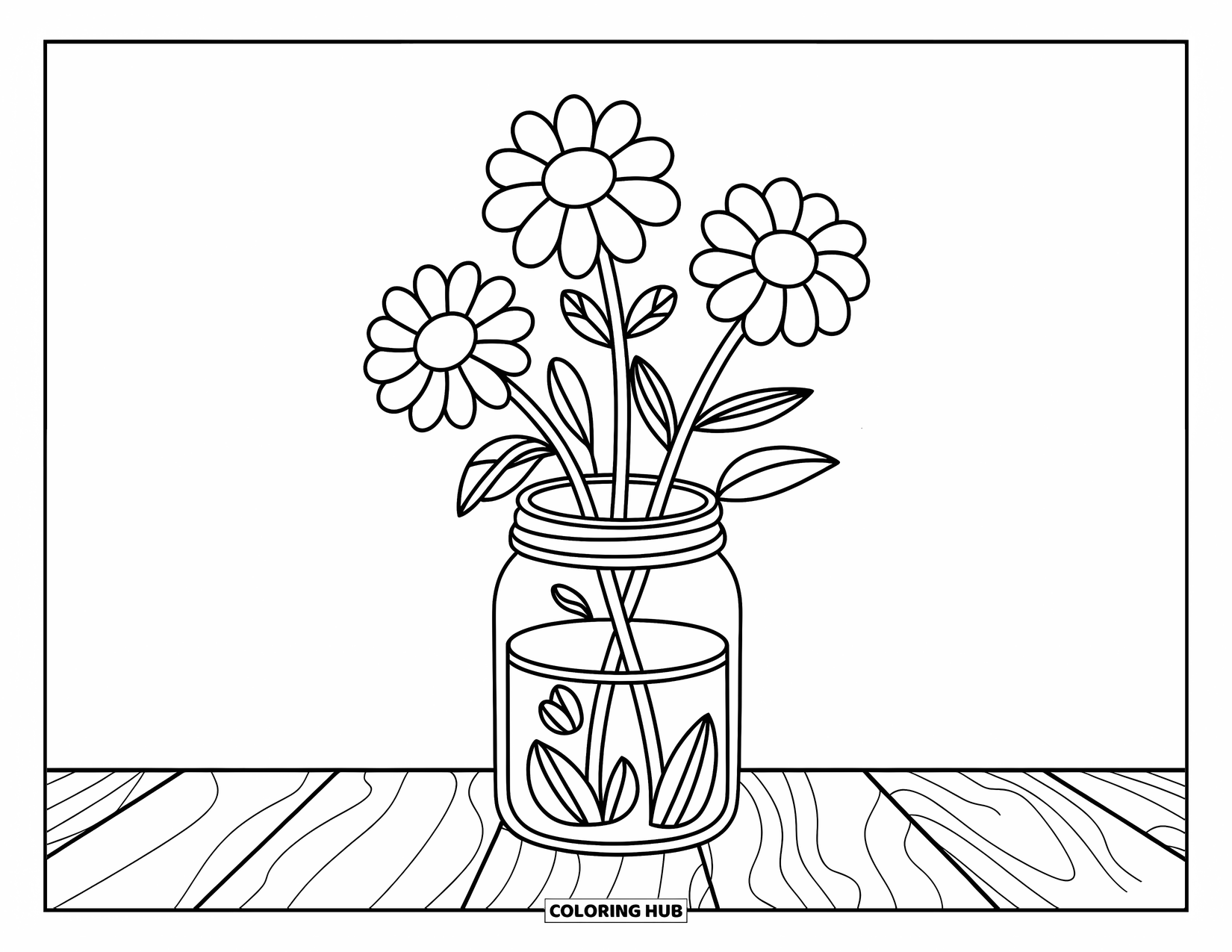Disegno da colorare di un barattolo per bambini: Un barattolo su legno contiene tre grandi fiori con steli e foglie in grassetto