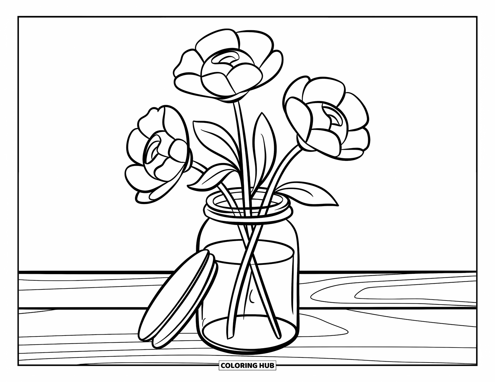 Disegno da colorare di un barattolo per bambini: Un barattolo su legno contiene tre grandi fiori con steli in grassetto
