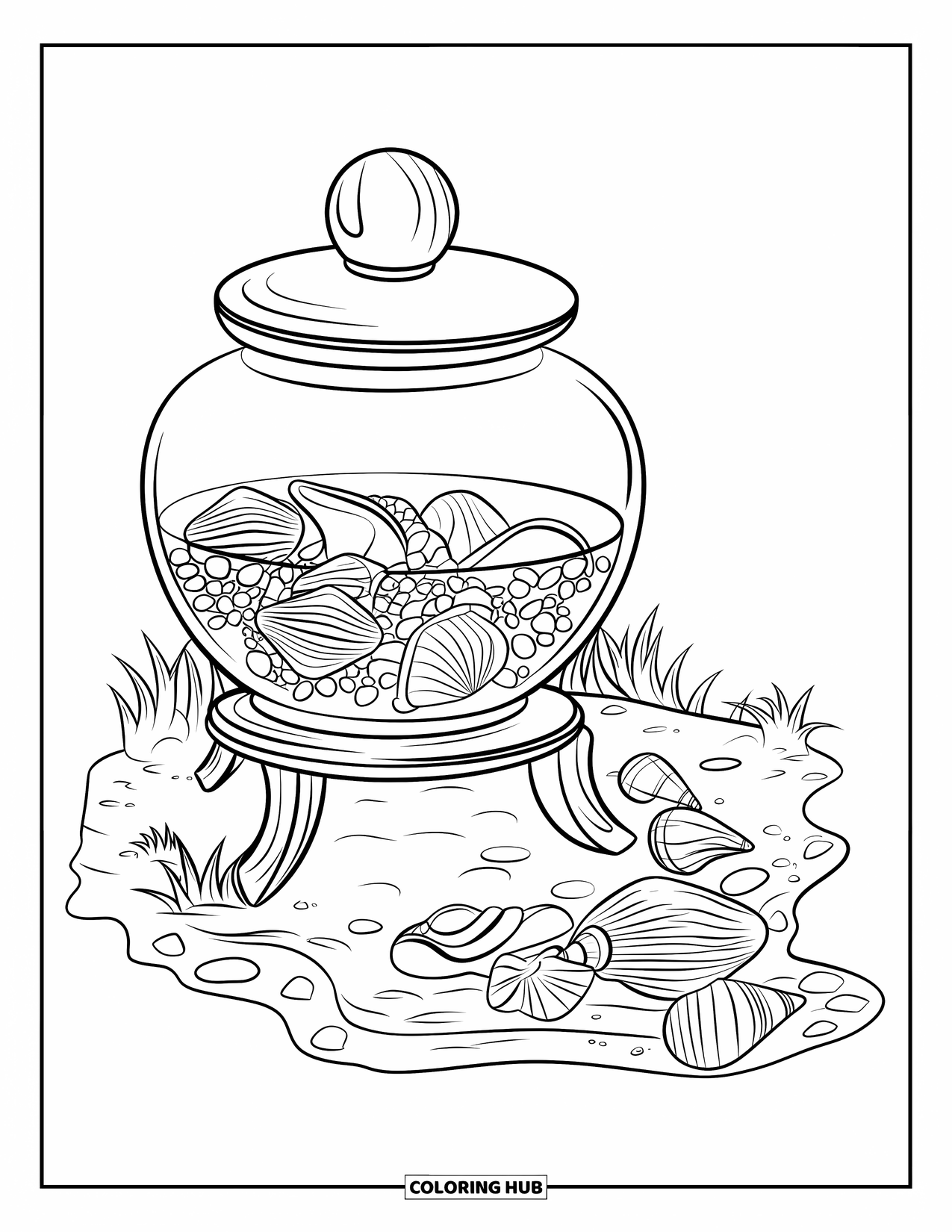 Disegno da colorare di un barattolo per bambini: Un barattolo con coperchio è seduto sul legno tra sabbia, conchiglie e piccole piante