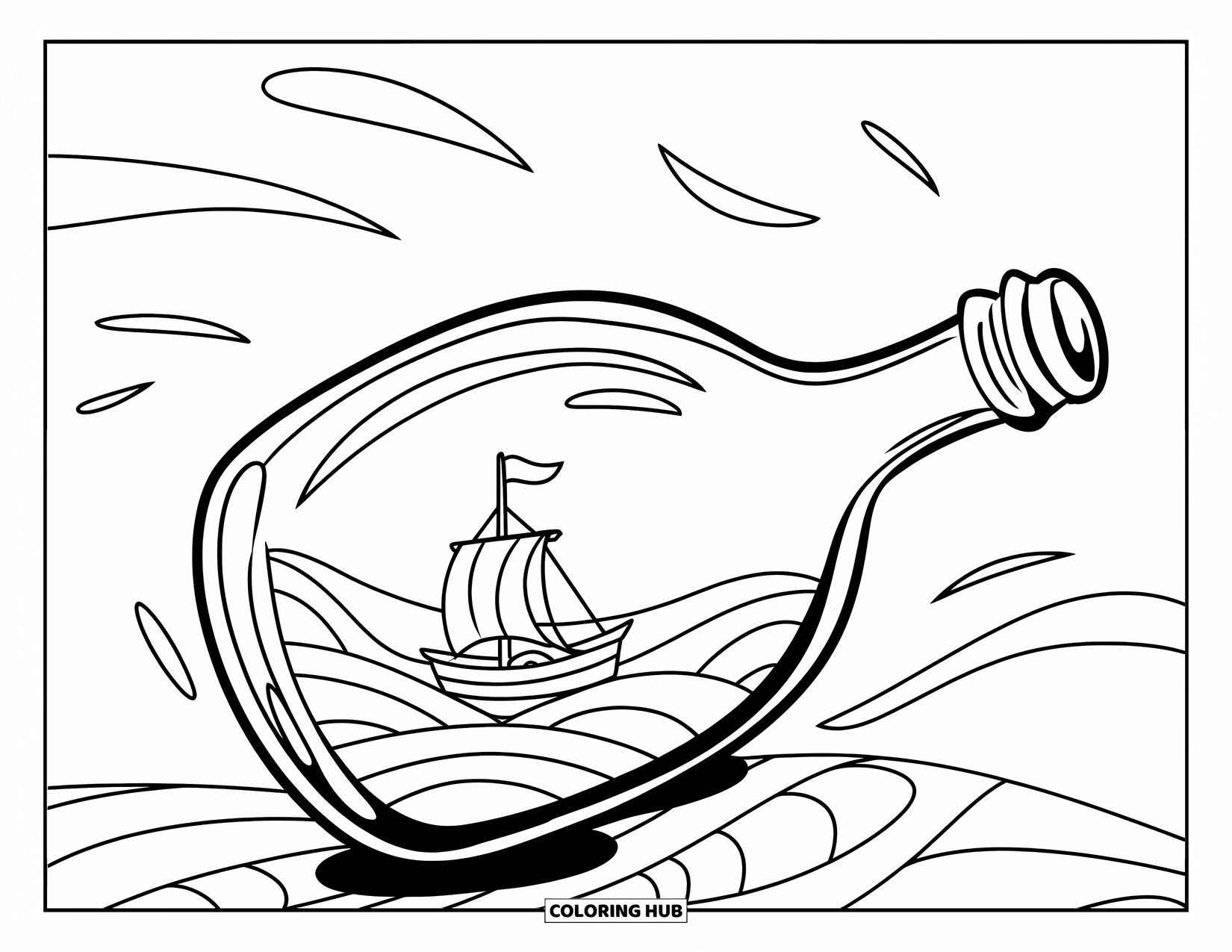 Disegno da colorare di un barattolo per bambini: Un grande barattolo a forma di bottiglia galleggiante racchiude una nave con una vela e una bandiera tra le onde