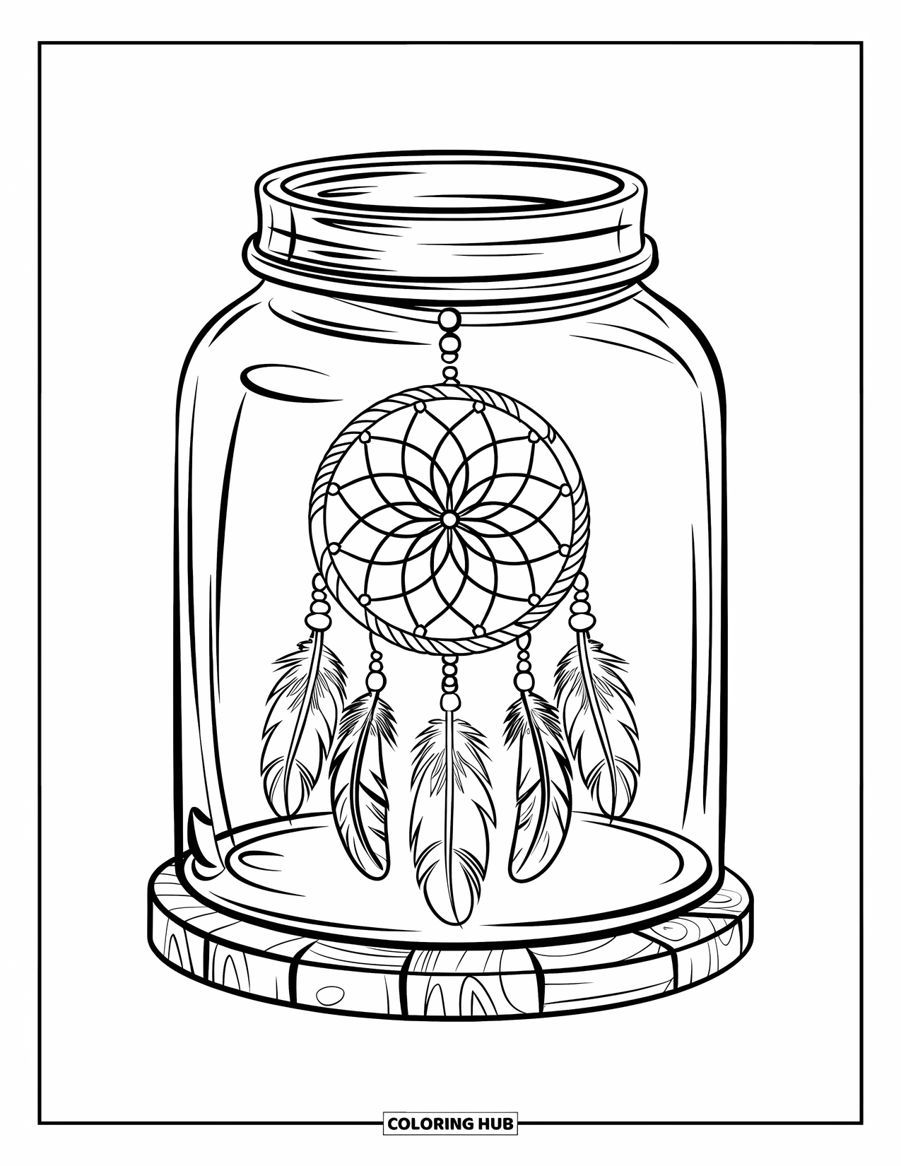 Disegno da colorare di un barattolo per bambini: Un grande barattolo su una base di legno contiene un intricato acchiappasogni con piume e perline