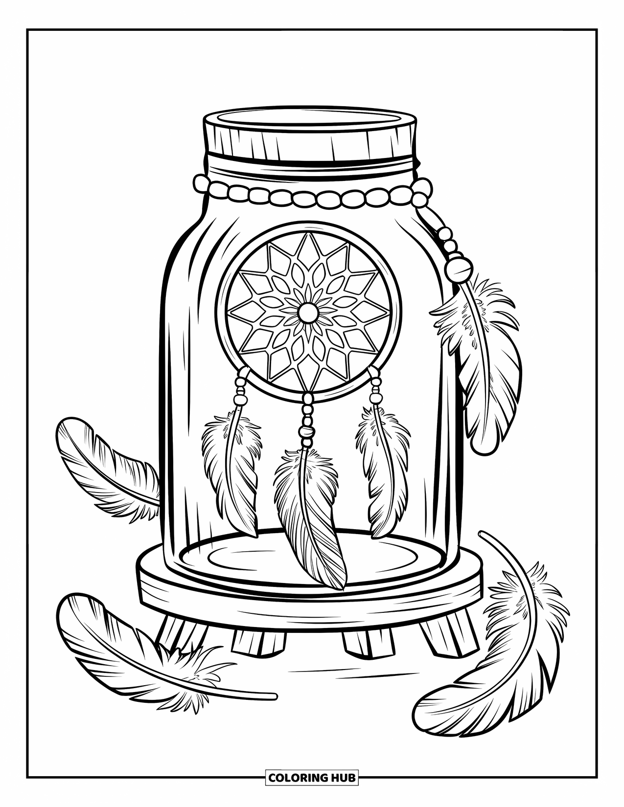 Disegno da colorare di un barattolo per bambini: Un grande barattolo su un supporto di legno racchiude un intricato acchiappasogni con piume e perline