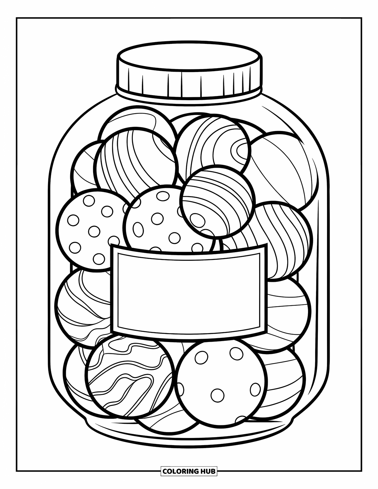 Disegno da colorare di un barattolo per bambini: Un grande barattolo su bianco contiene caramelle con pois e righe e un'etichetta