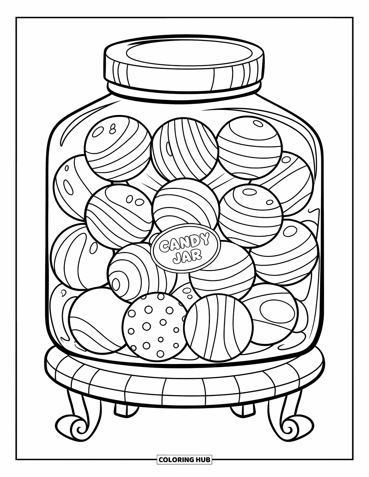 Disegno da colorare di un barattolo per bambini: Un grande barattolo su legno mostra caramelle con pois, righe e un'etichetta Barattolo di Caramelle