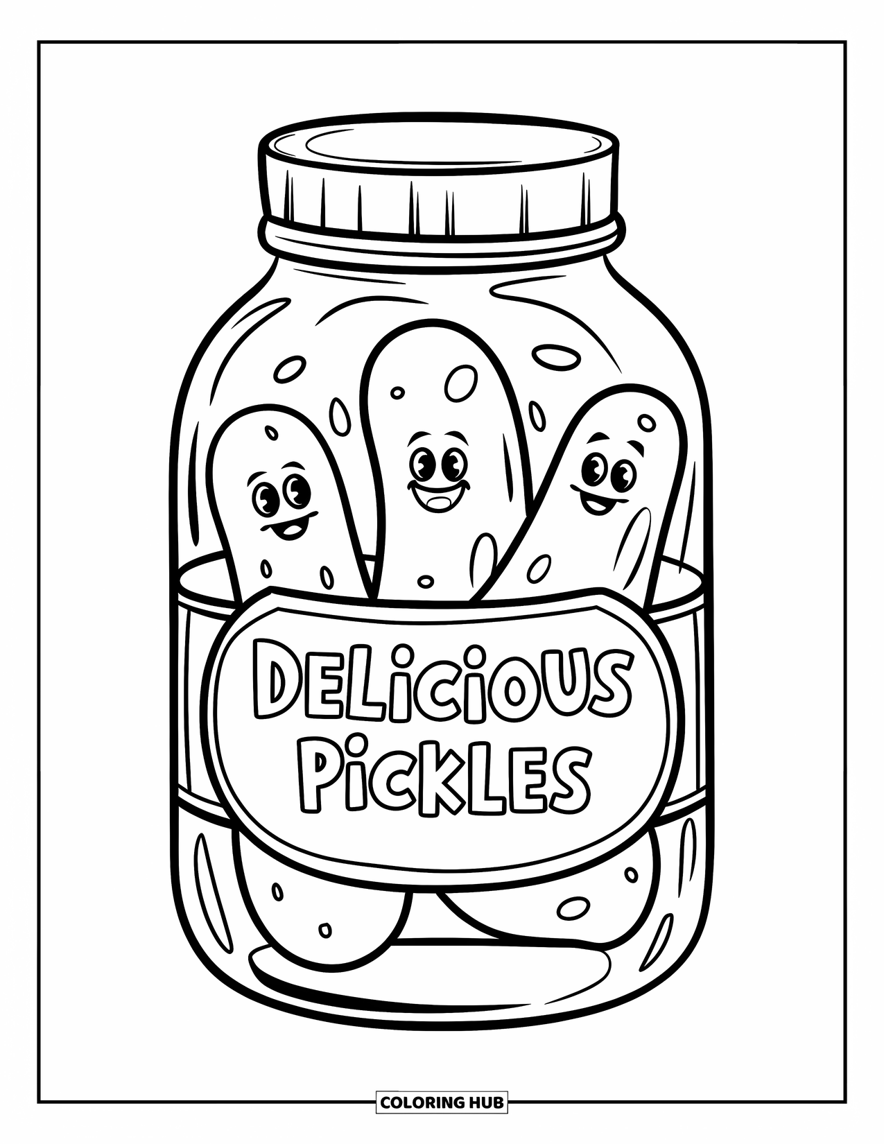 Disegno da colorare di un barattolo per bambini: Un grande barattolo di sottaceti con tre grandi sottaceti sorridenti e un'etichetta Sottaceti Deliziosi è seduto