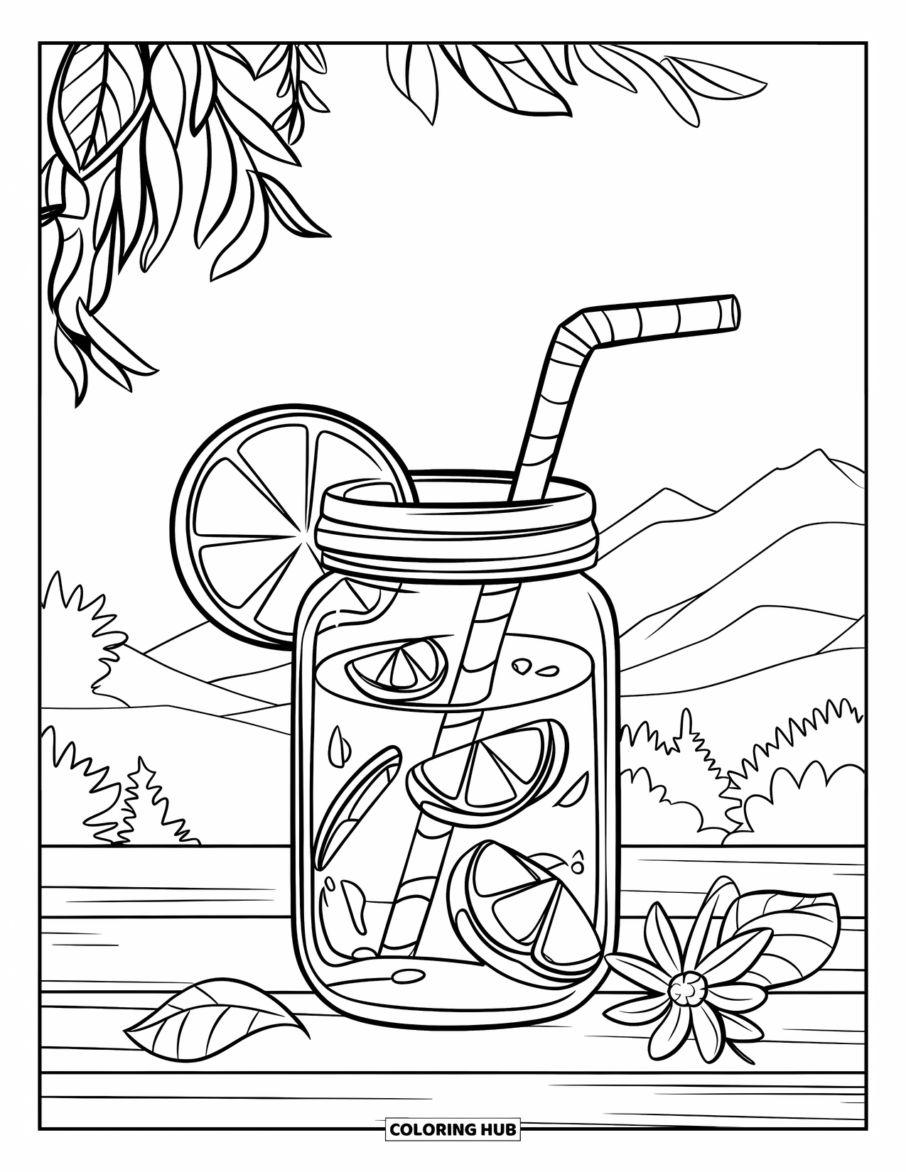 Disegno da colorare di un barattolo per bambini: Un barattolo di limonata su un tavolo di legno con foglie e un fiore si erge tra le montagne