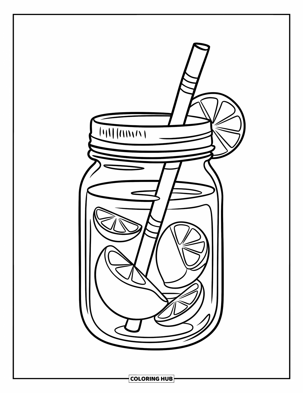 Disegno da colorare di un barattolo per bambini: Un barattolo di limonata con una grande cannuccia contiene fette di limone galleggianti su uno sfondo bianco