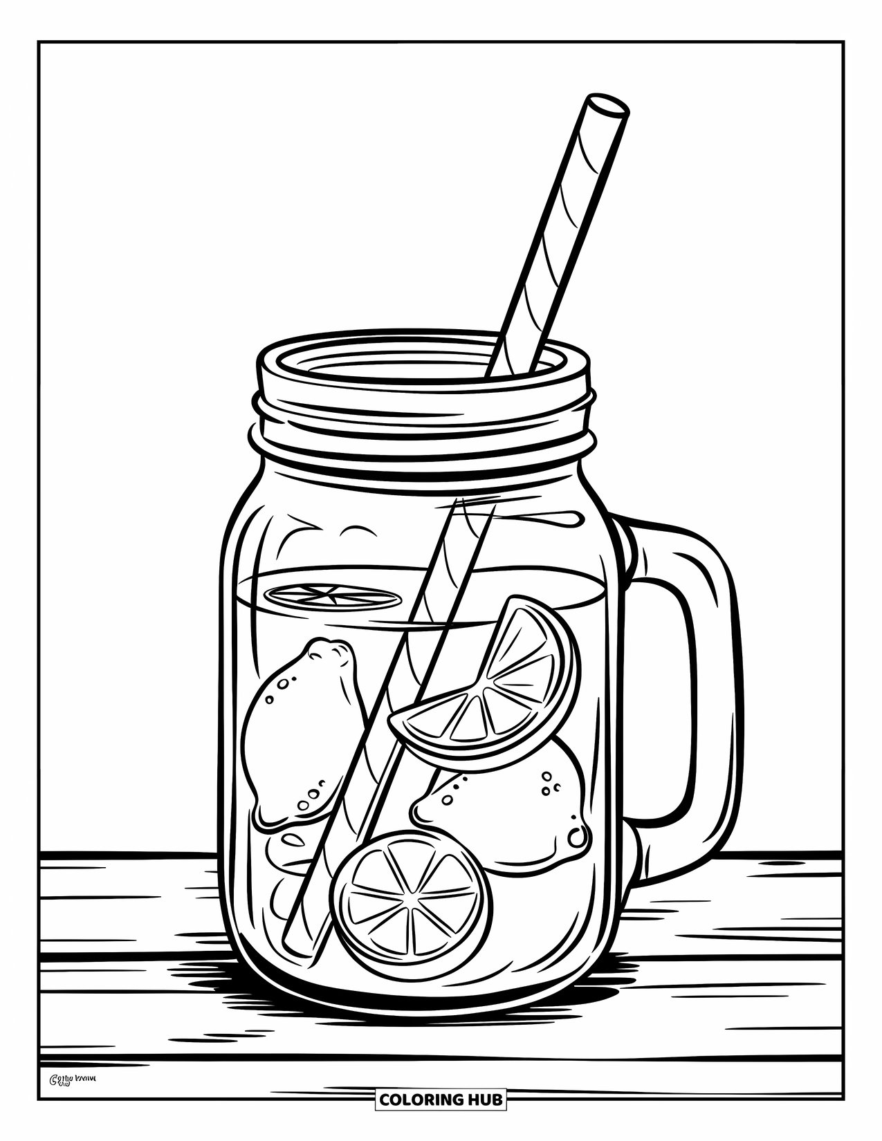 Disegno da colorare di un barattolo per bambini: Un barattolo di vetro su legno contiene limonata con una grande cannuccia e fette di limone galleggianti
