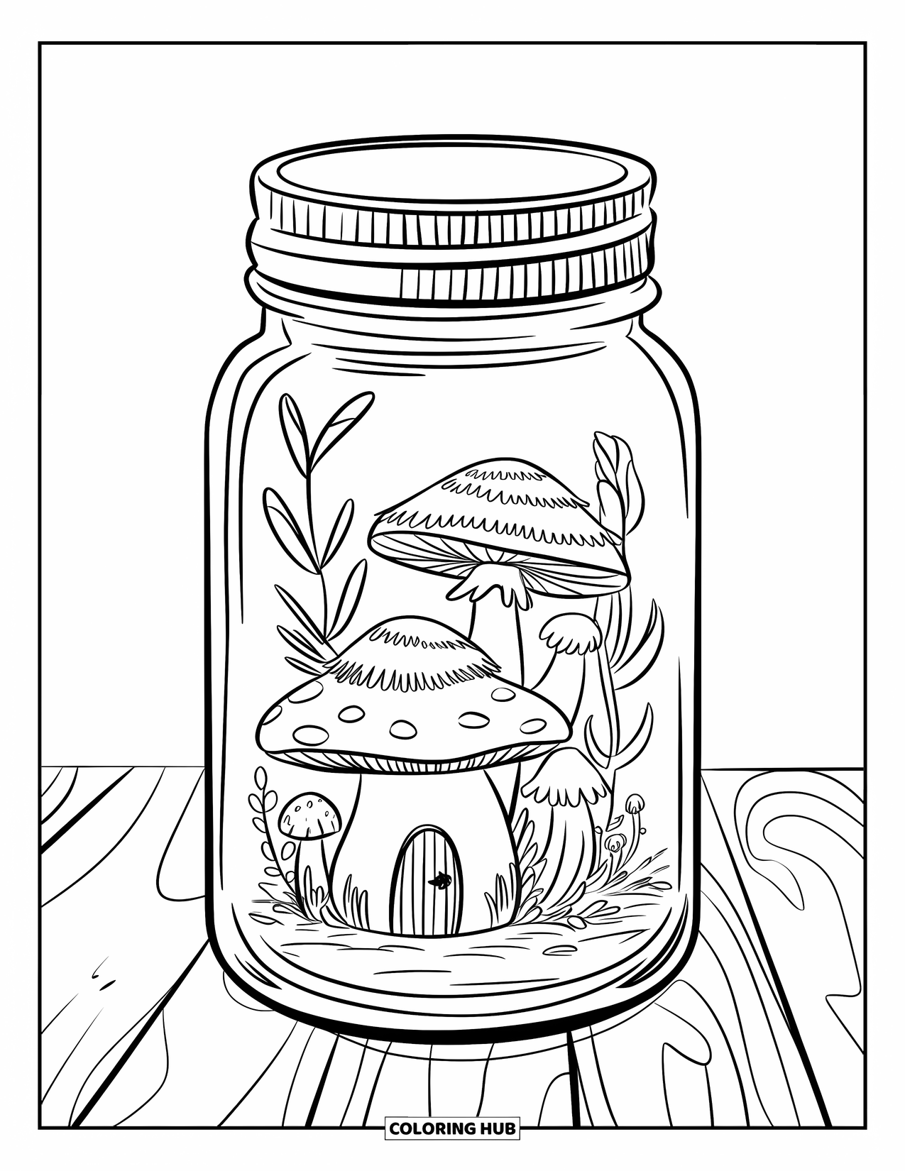 Disegno da colorare di un barattolo per bambini: Un barattolo di vetro su legno racchiude una casa a forma di fungo con tetto di paglia e porta