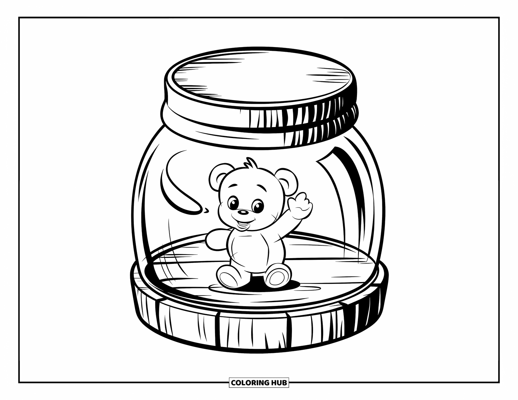 Disegno da colorare di un barattolo per bambini: Un piccolo barattolo racchiude un orsacchiotto che saluta su una base di legno