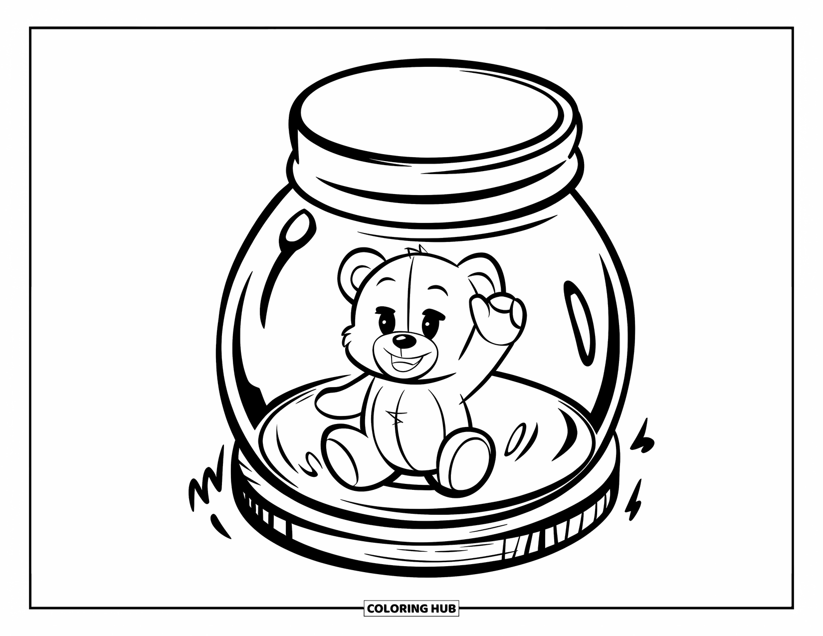 Disegno da colorare di un barattolo per bambini: Un piccolo barattolo su una base di legno racchiude un orsacchiotto che saluta, disegnato semplicemente