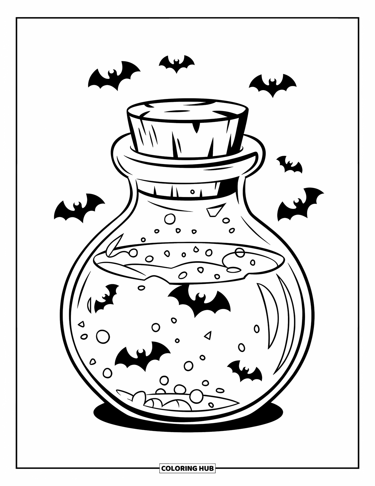 Disegno da colorare di un barattolo per bambini: Un barattolo spettrale con l'etichetta Pozione della Strega contiene liquido frizzante con tappo di sughero e pipistrelli intorno