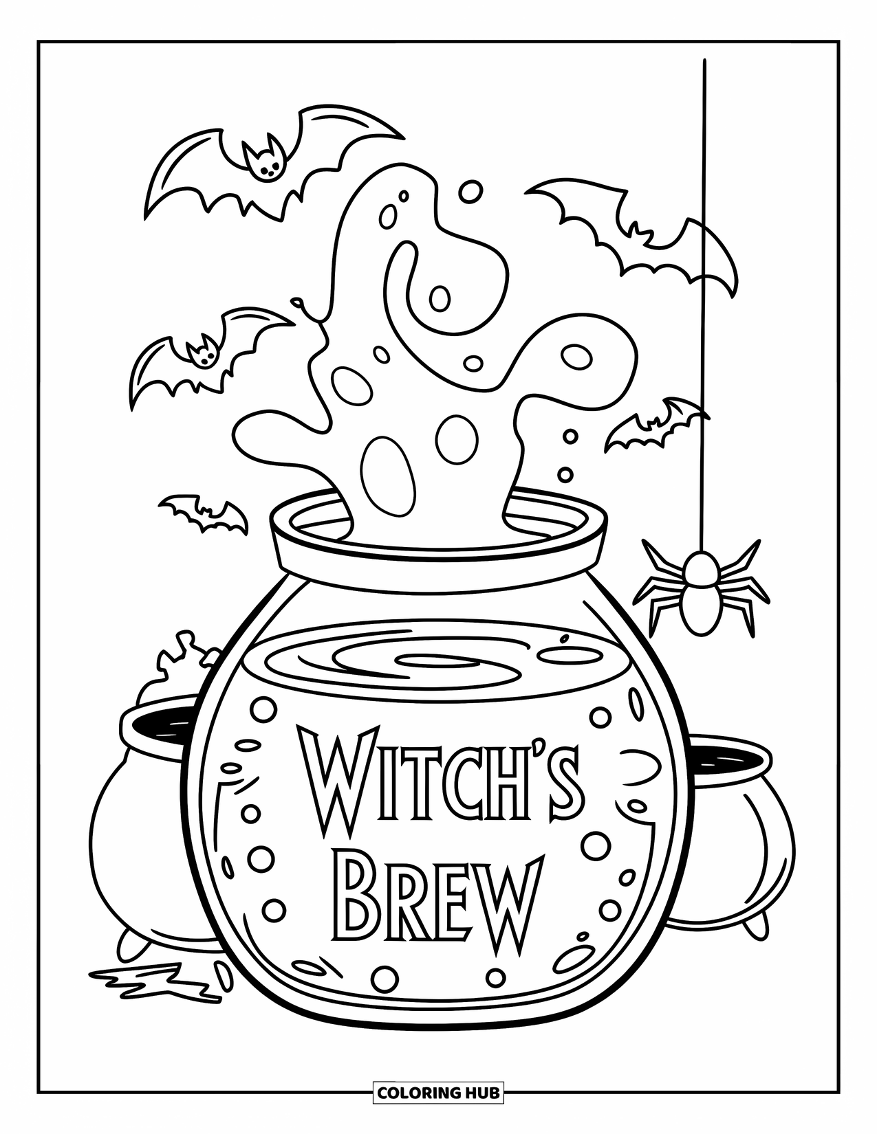 Disegno da colorare di un barattolo per bambini: Un barattolo spettrale con l'etichetta Pozione della Strega contiene un liquido vorticoso tra pipistrelli e un ragno