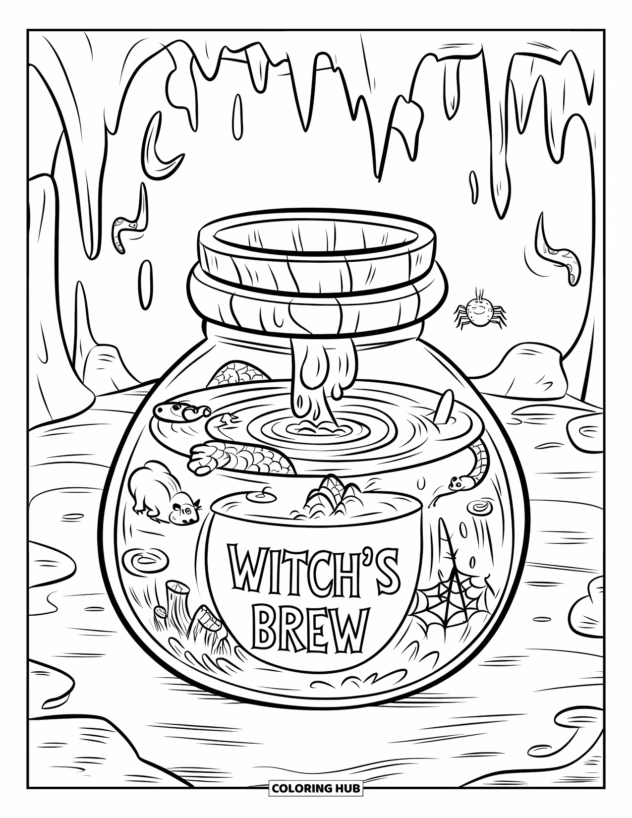 Disegno da colorare di un barattolo per bambini: Un barattolo spettrale con l'etichetta Pozione della Strega contiene un liquido vorticoso con creature galleggianti in una grotta