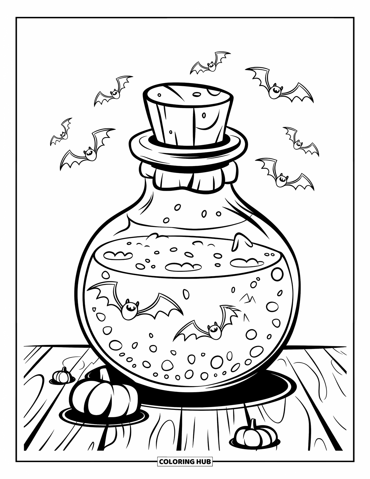 Disegno da colorare di un barattolo per bambini: Un barattolo spettrale con liquido frizzante, tappo di sughero e pipistrelli che lo circondano è appoggiato su un tavolo