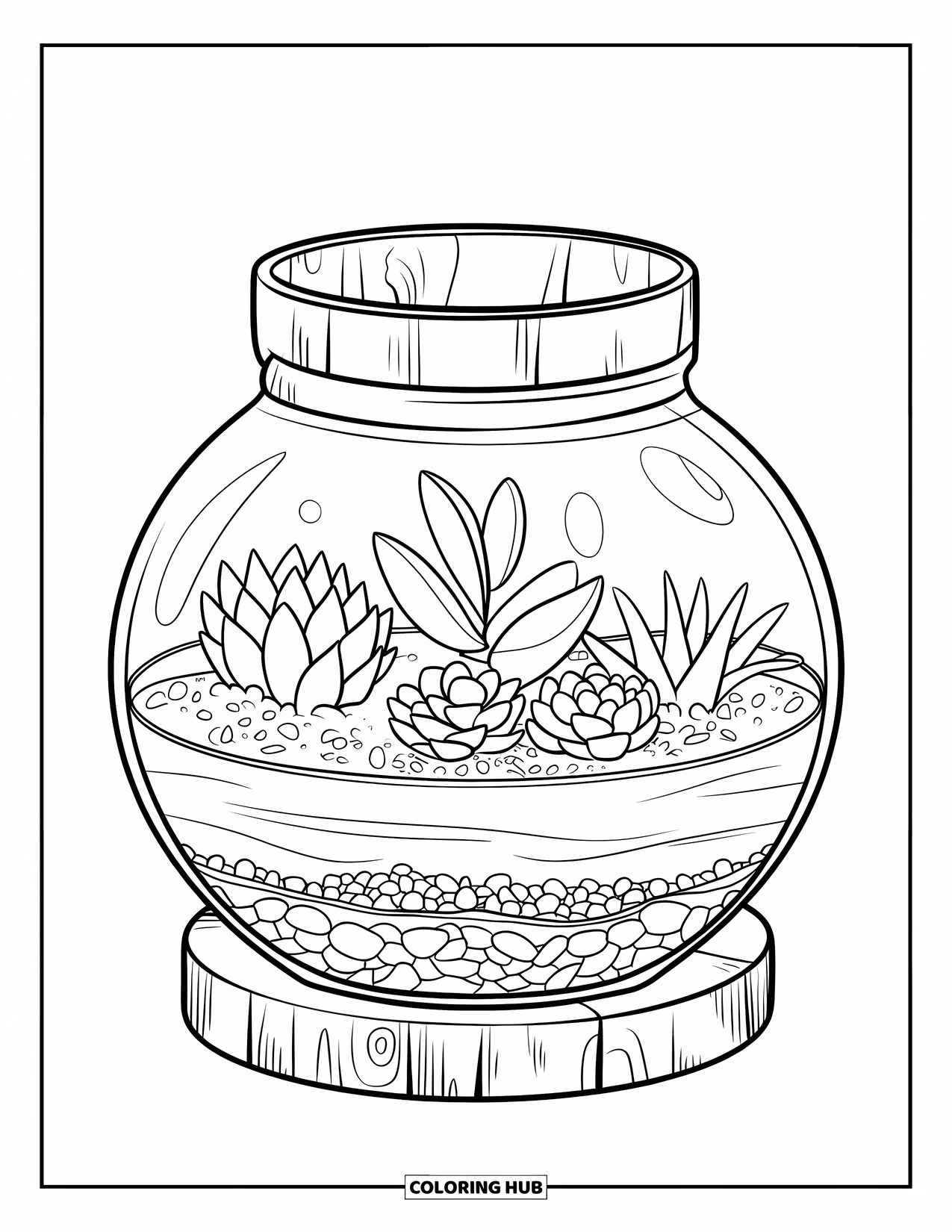 Disegno da colorare di un barattolo per bambini: Un barattolo terrario su una base di legno mostra terreno a strati, piante grasse e piccole pietre