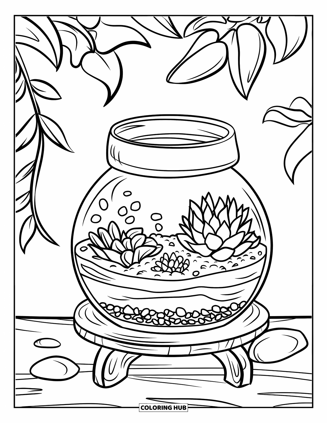 Disegno da colorare di un barattolo per bambini: Un barattolo terrario su un supporto di legno contiene piante grasse, terra e pietre tra le foglie