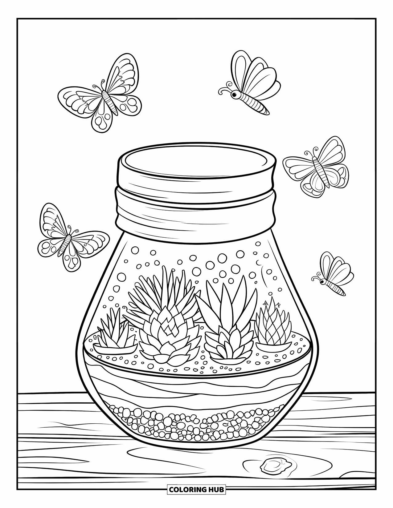 Disegno da colorare di un barattolo per bambini: Un barattolo terrario su una superficie di legno contiene strati di terreno, piante grasse e piccole pietre
